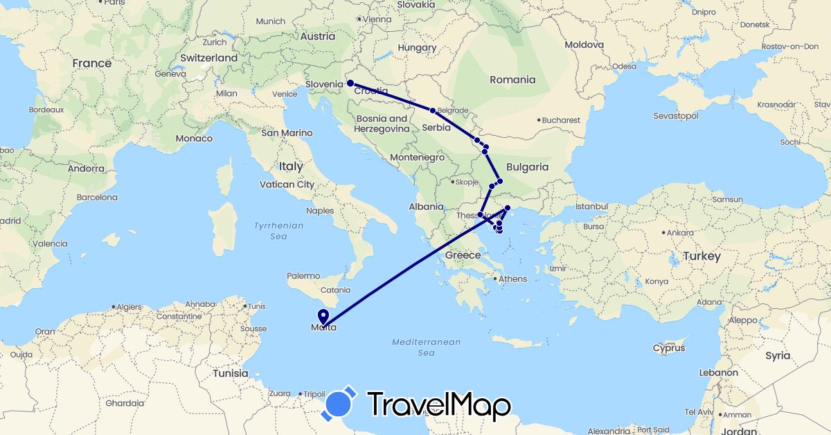 TravelMap itinerary: driving in Bulgaria, Greece, Croatia, Malta, Serbia (Europe)